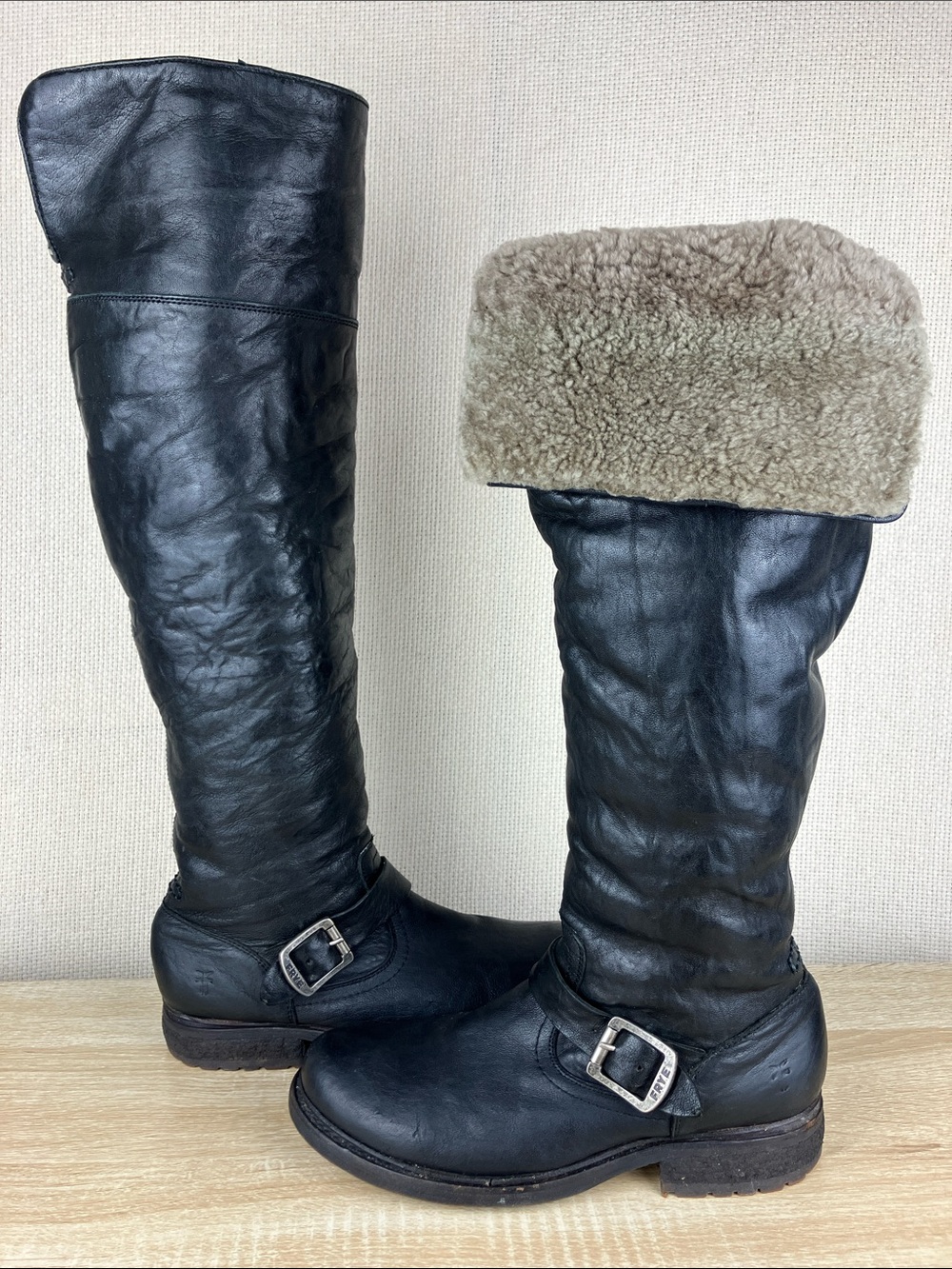 Frye Valerie Shearling Over The Knee Boots Black Leather